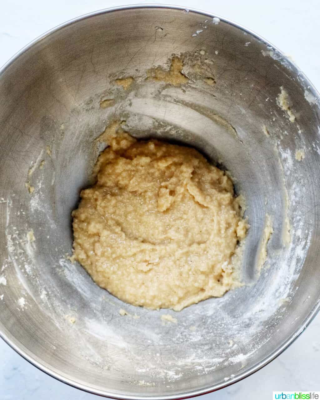cupcake batter in a stand mixer bowl.
