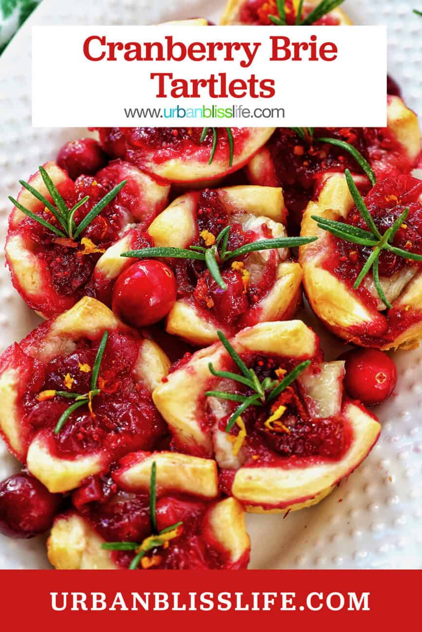 cranberry brie tartlet appetizers on a plate with title text overlay.
