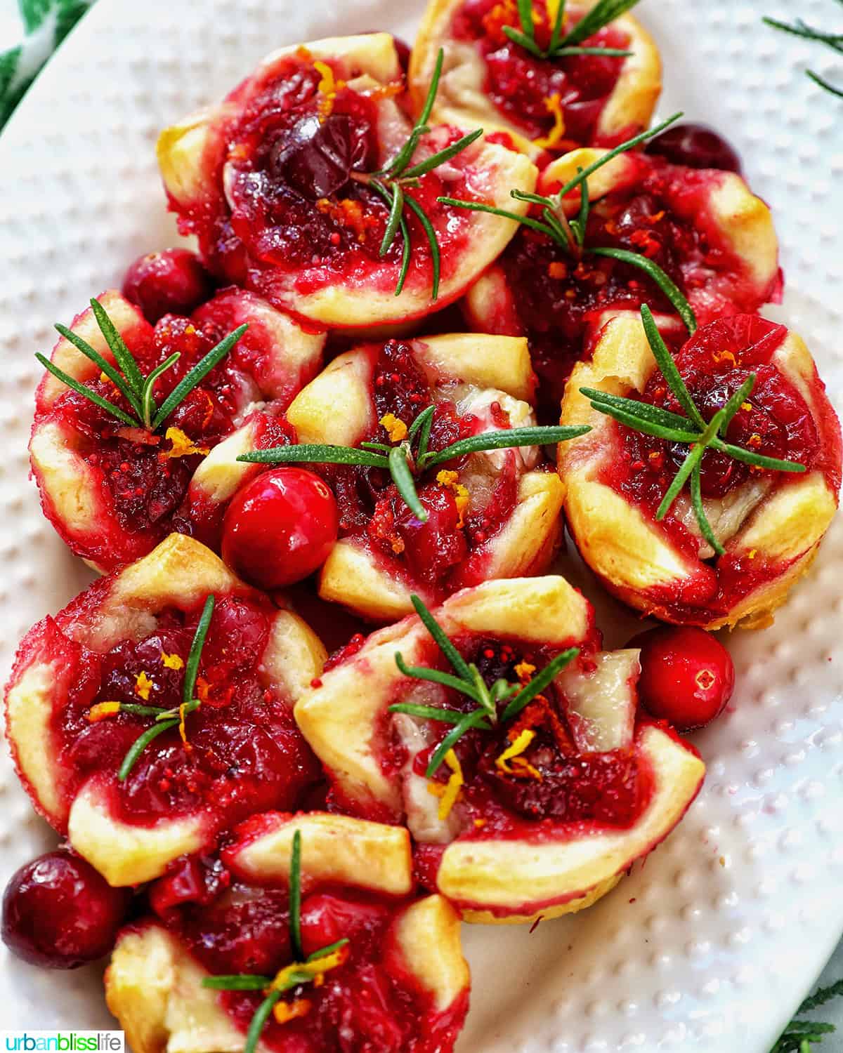 cranberry brie tartlet appetizers on a plate 