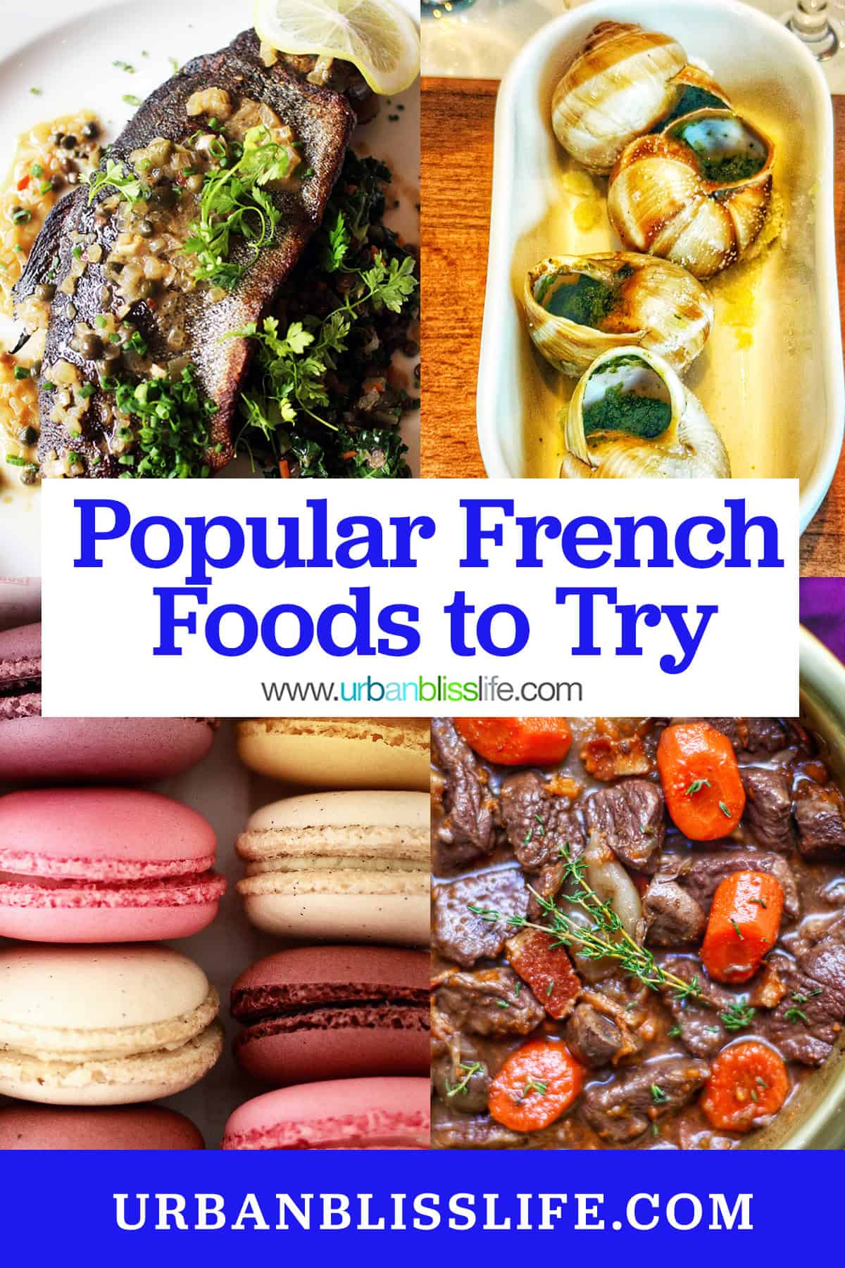 trout muniere, escargot, macarons, and beef bourguignon with title text overlay.