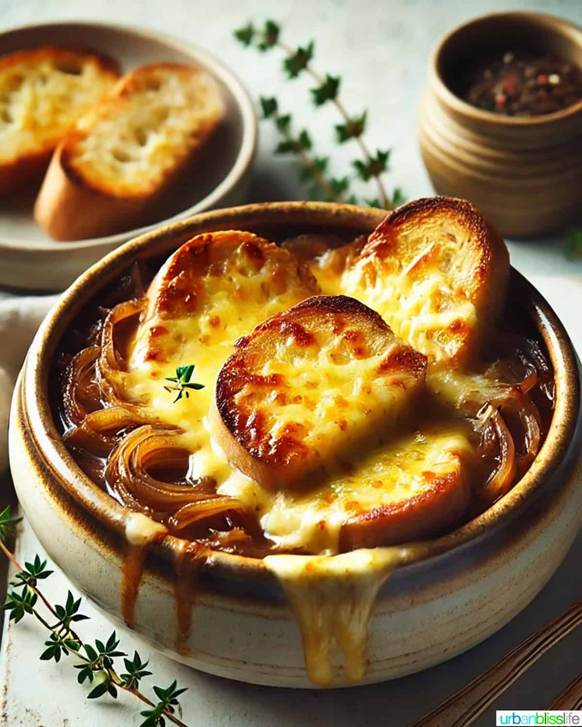 french onion soup in a bowl with side of crusty bread.