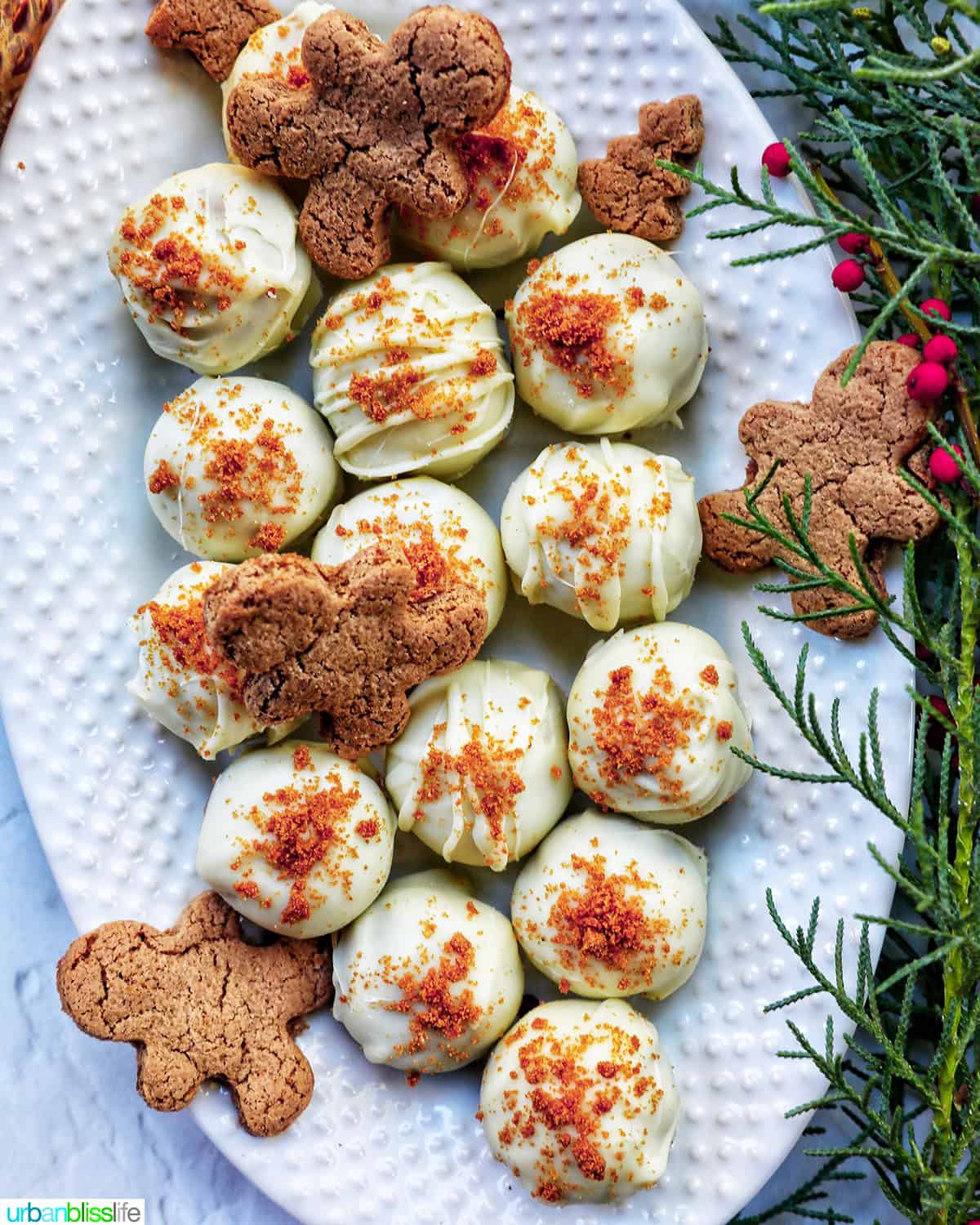 decorated gingerbread truffles with gingerbread cookies on a white plate with holiday decorations.