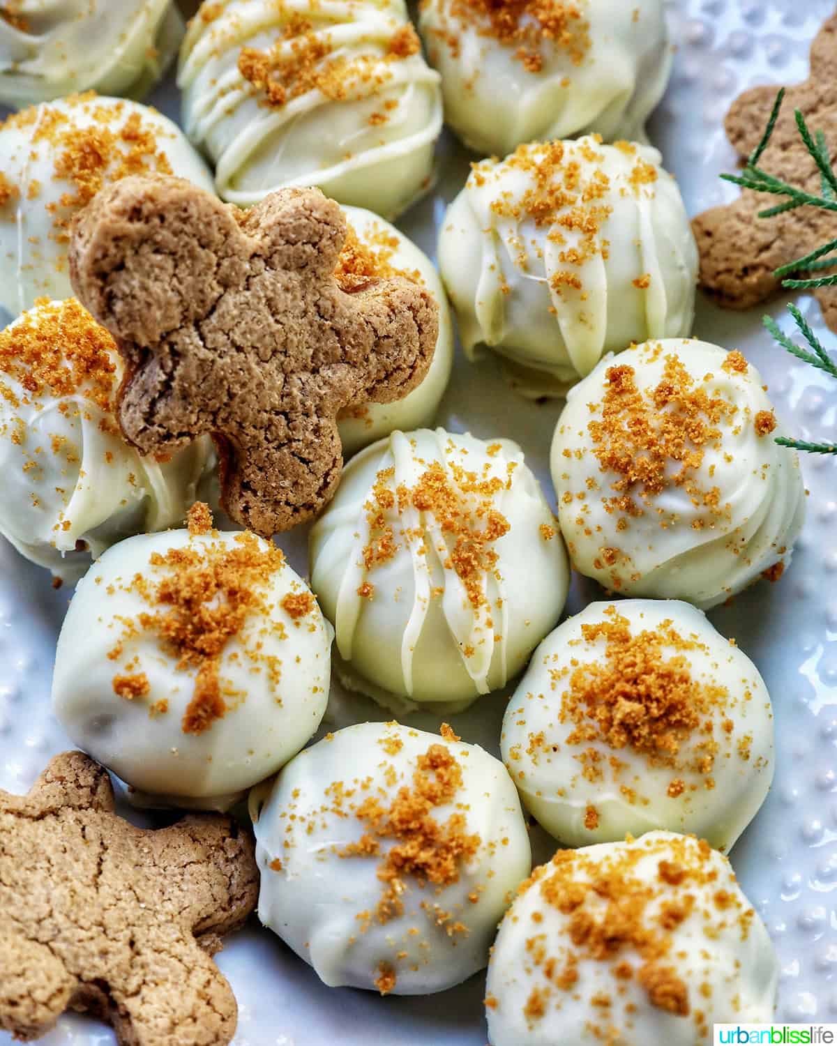 decorated gingerbread truffles with gingerbread cookies on a white plate with holiday decorations.