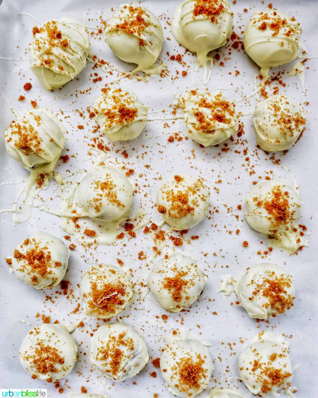 decorated gingerbread truffles on a baking sheet.