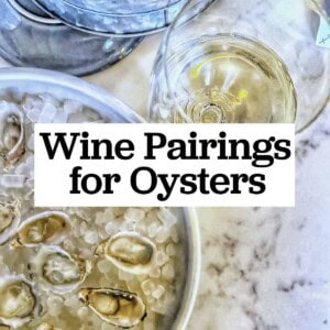 oysters on ice next to a glass of white with with text overlay.