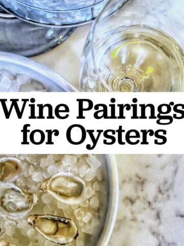 oysters on ice next to a glass of white with with text overlay.