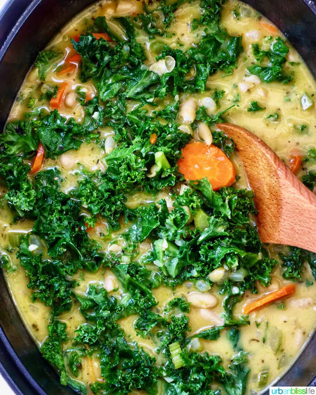 Tuscan kale and white bean soup in a dutch oven.