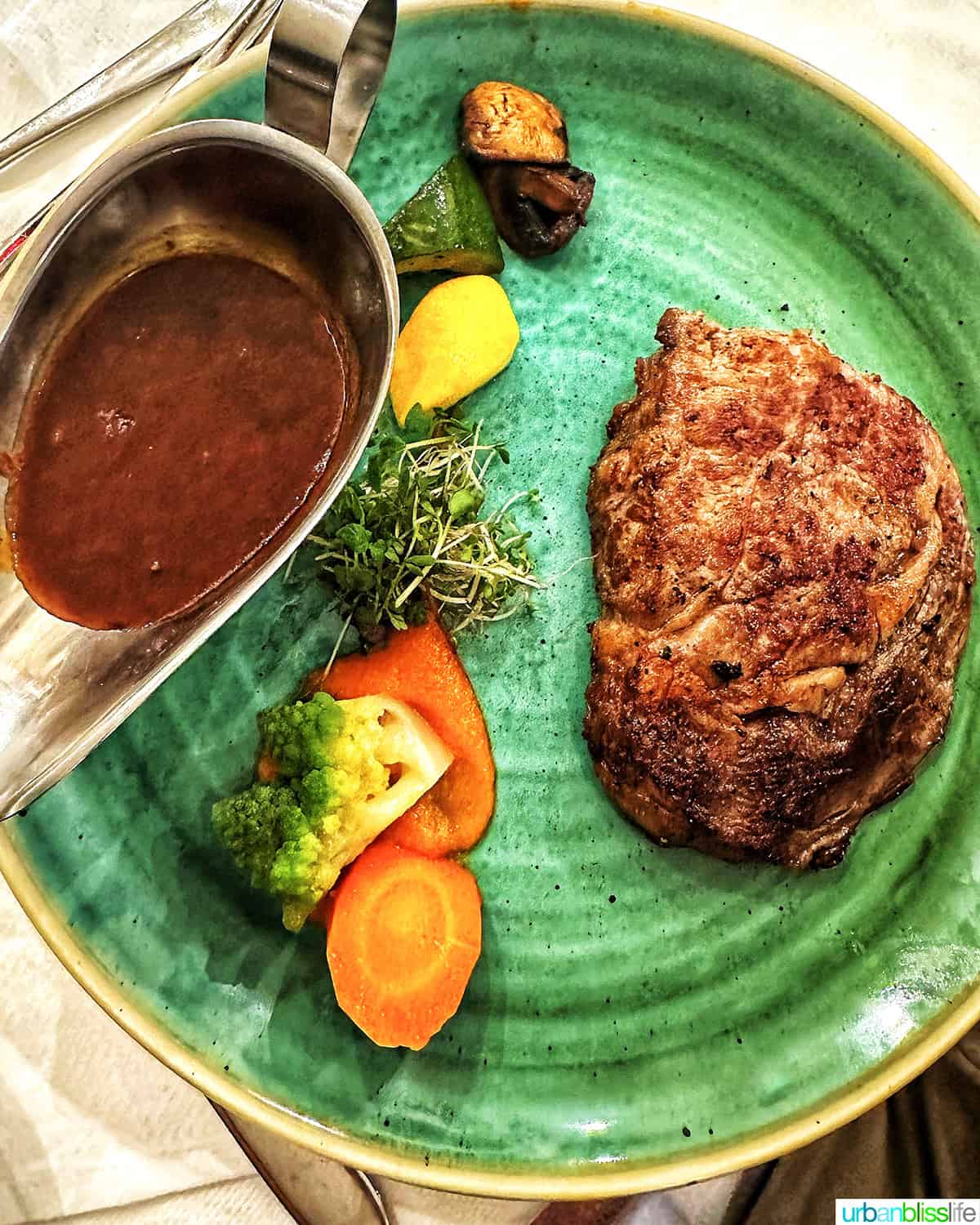 steak with vegetable sides and gravy boat on a green plate on AmaWaterways river cruise.