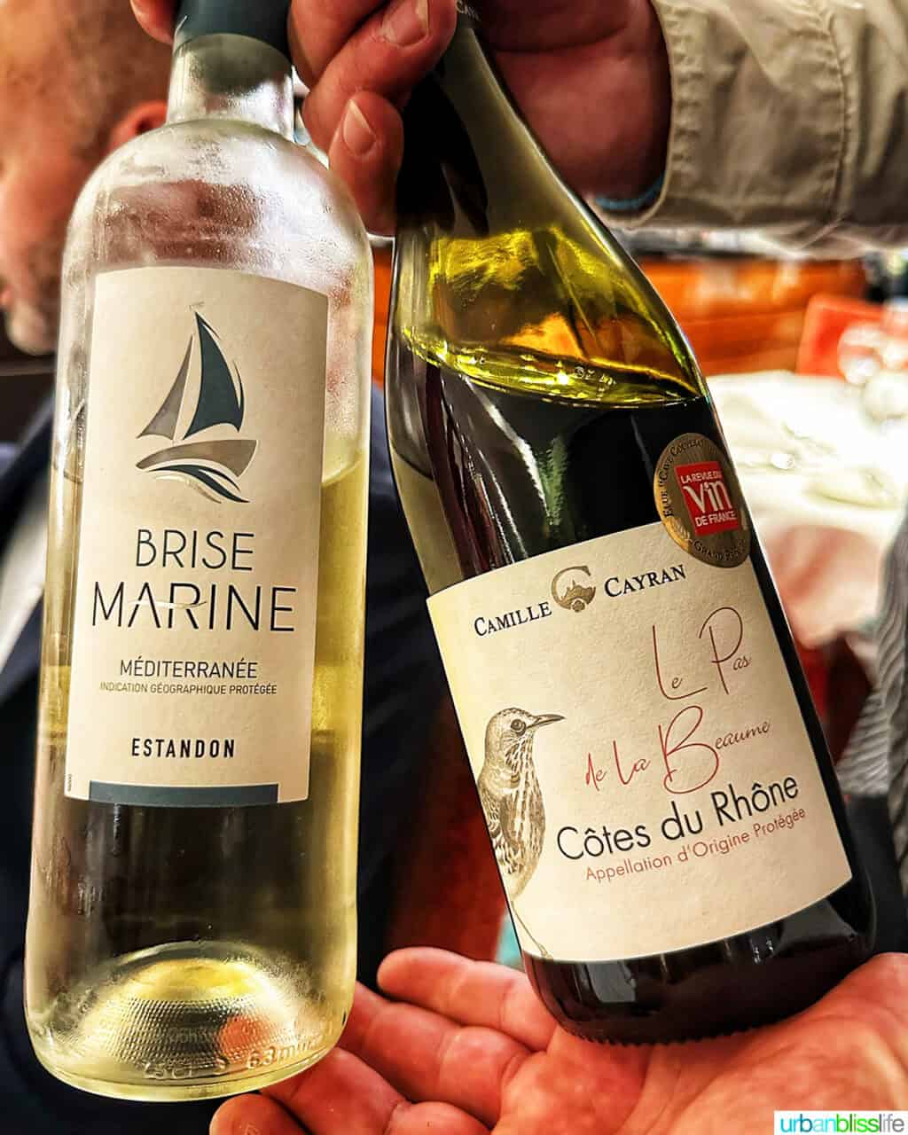 waiter holding two bottles of French wine on an AmaWaterways river cruise.