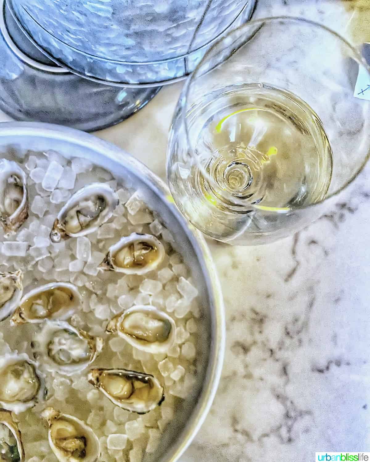 oysters on ice next to a glass of white wine.