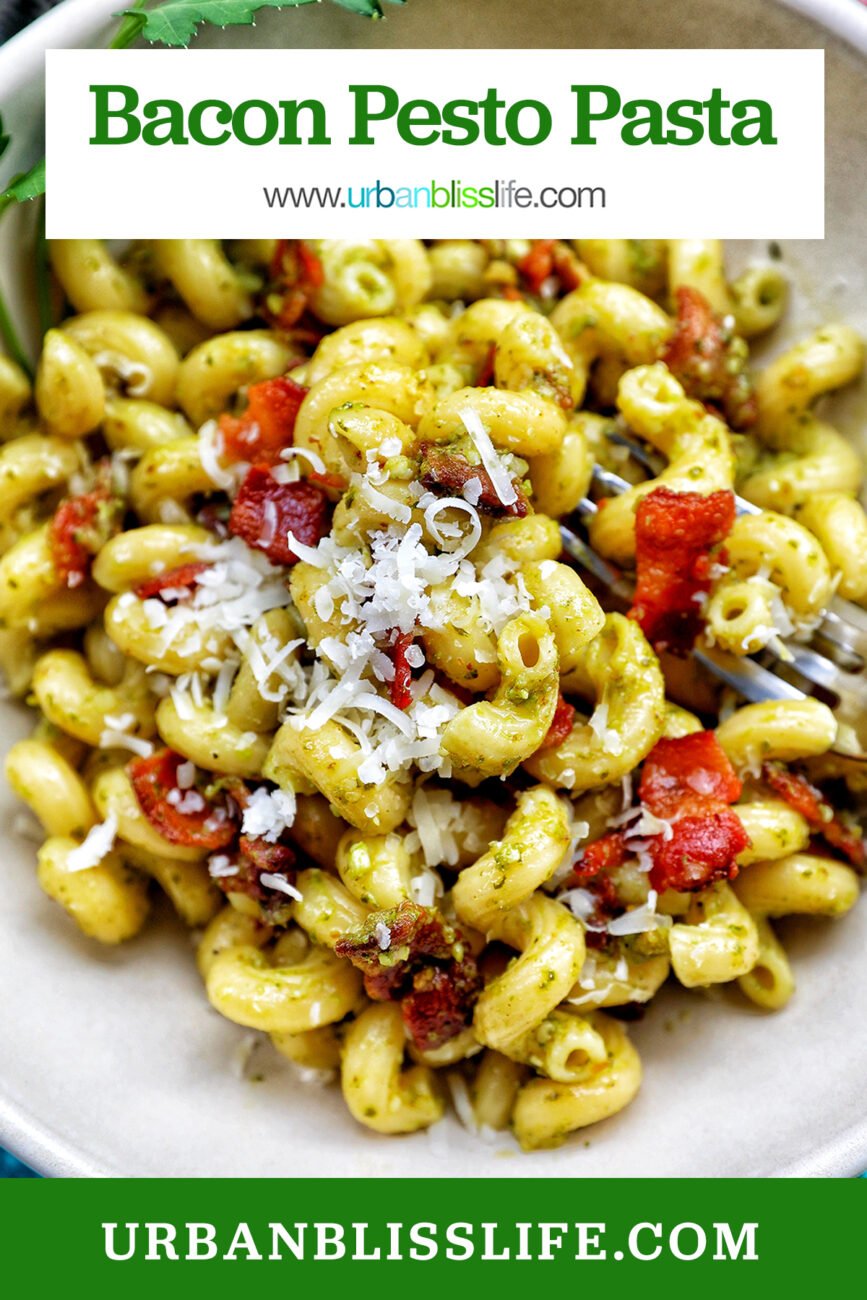 bacon pesto pasta with title text overlay.