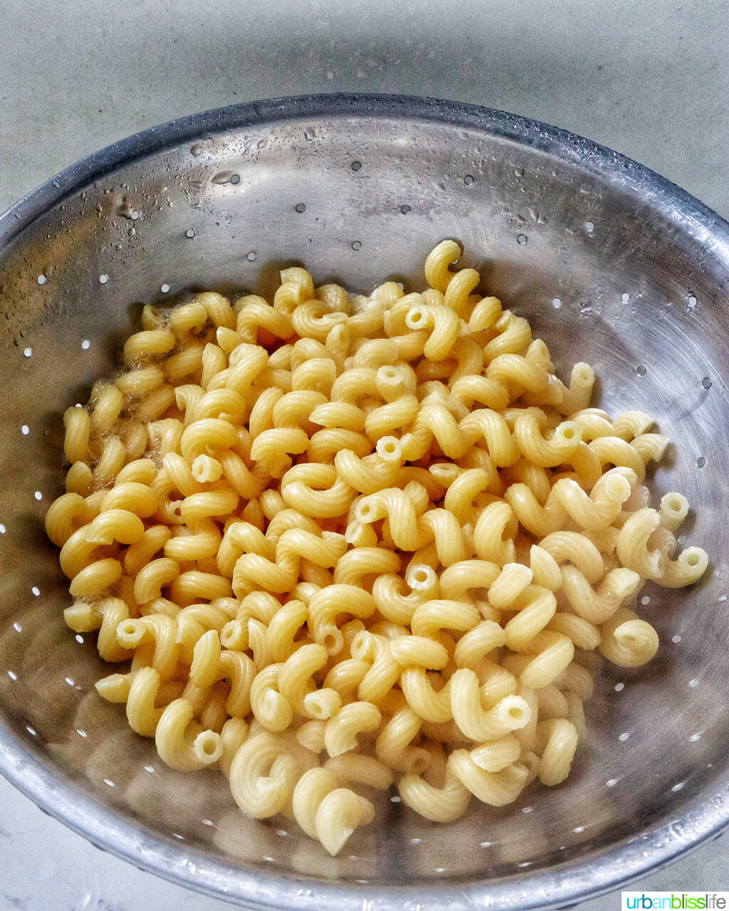 pasta in a colander.