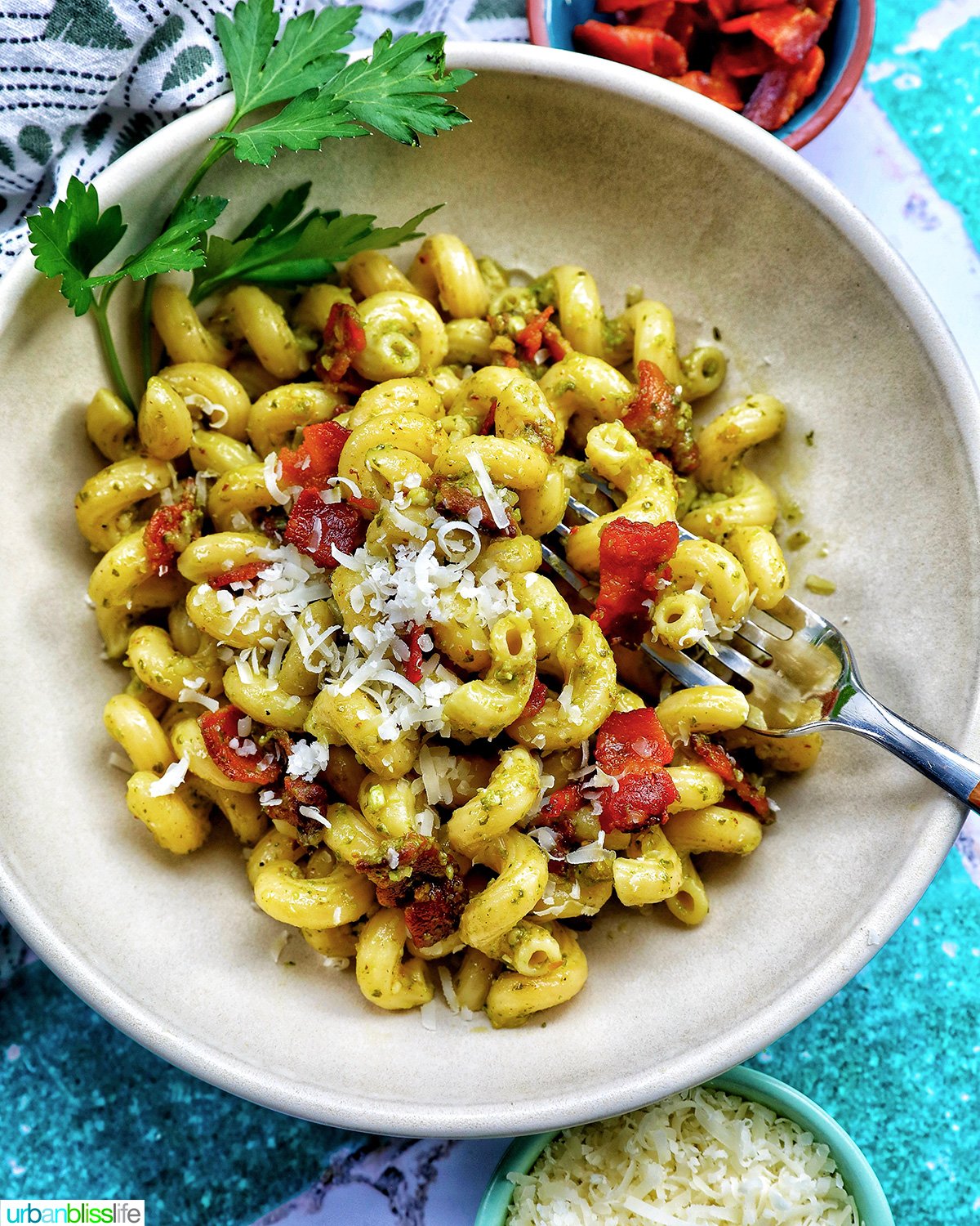 bowl of bacon pesto pasta.