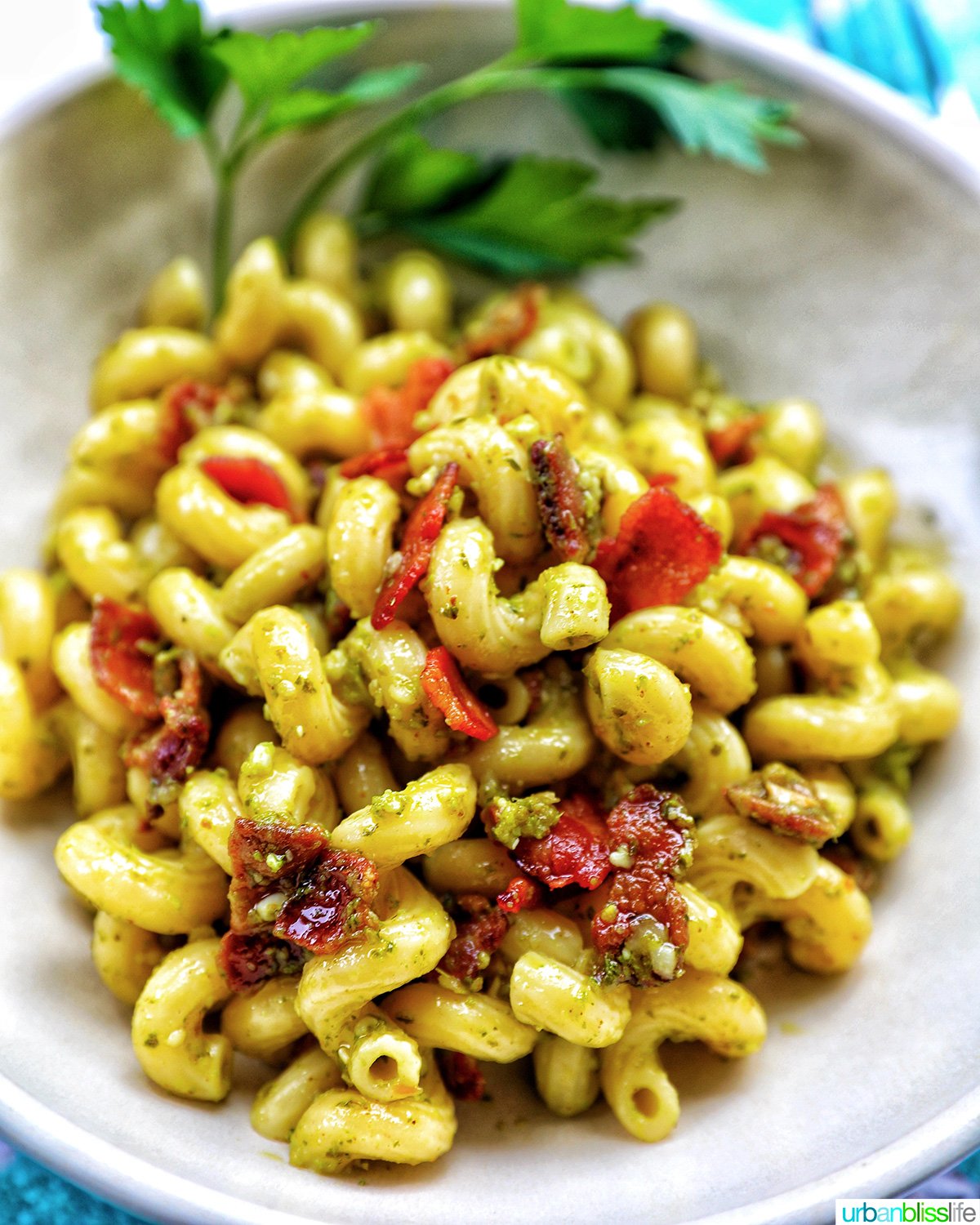 bowl of bacon pesto pasta.