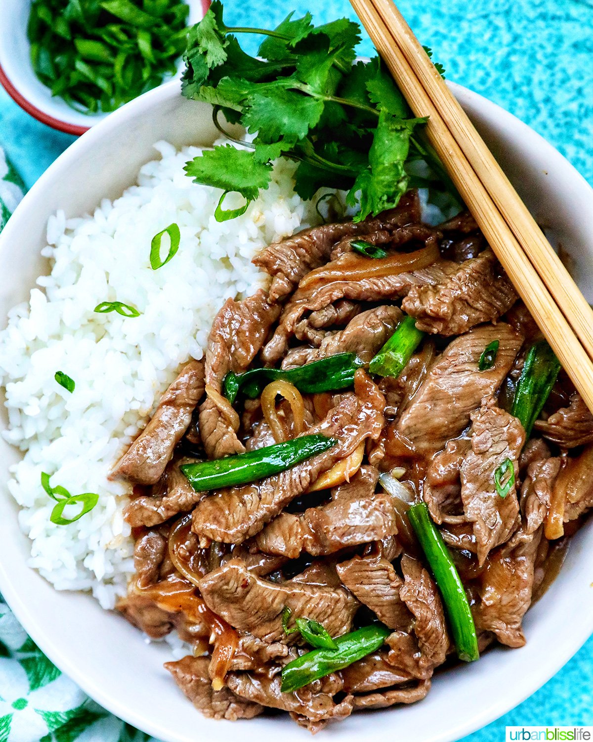 bowl of beef and onion stir fry with white rice and chopsticks.