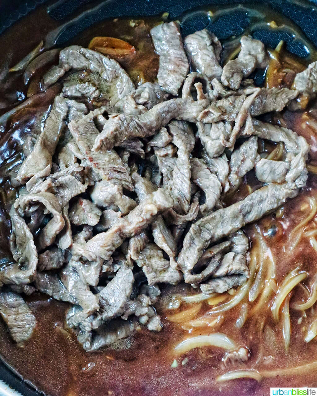 beef and onions in stir fry sauce.