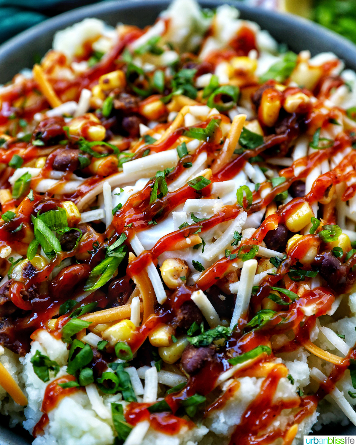 close up of a loaded potato bowl with mashed potatoes, beans, corn, cheese, and herbs.