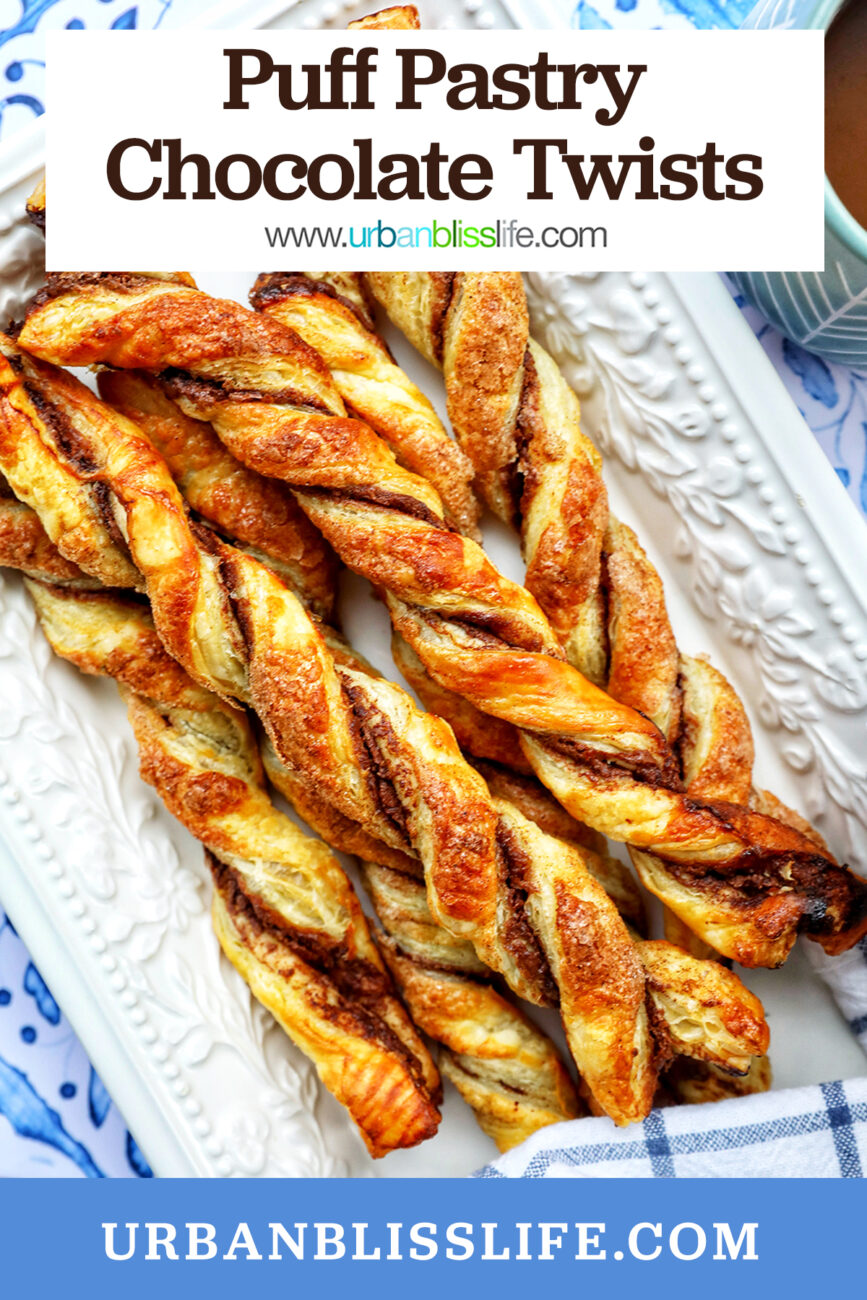 puff pastry chocolate twists on a white serving tray with side of melted dipping chocolate and title text overlay.
