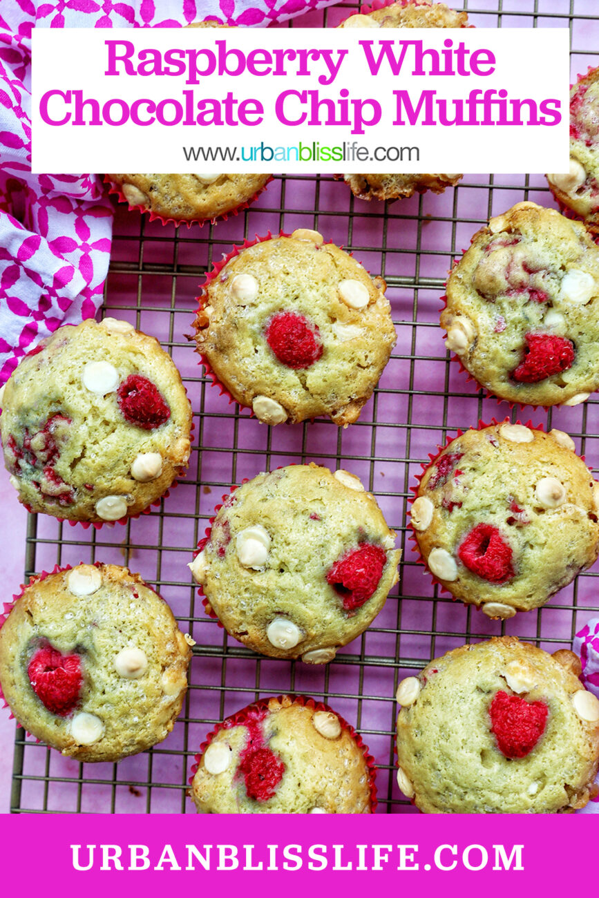 raspberry white chocolate chip muffins on a wire rack with title text overlay.
