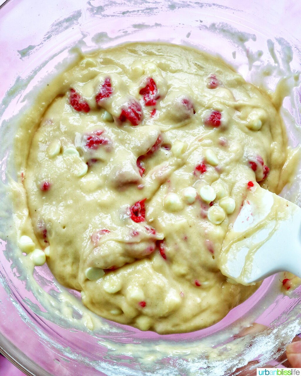 raspberry white chocolate chip muffin batter.