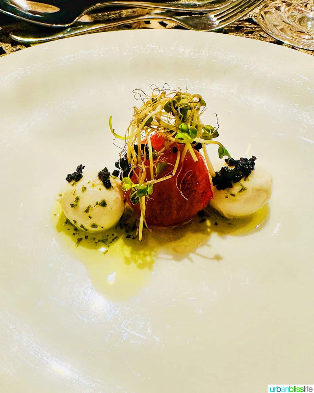 tomato, mozzarella, basil welcome at Chef's Table dinner on AmaWaterways river cruise.
