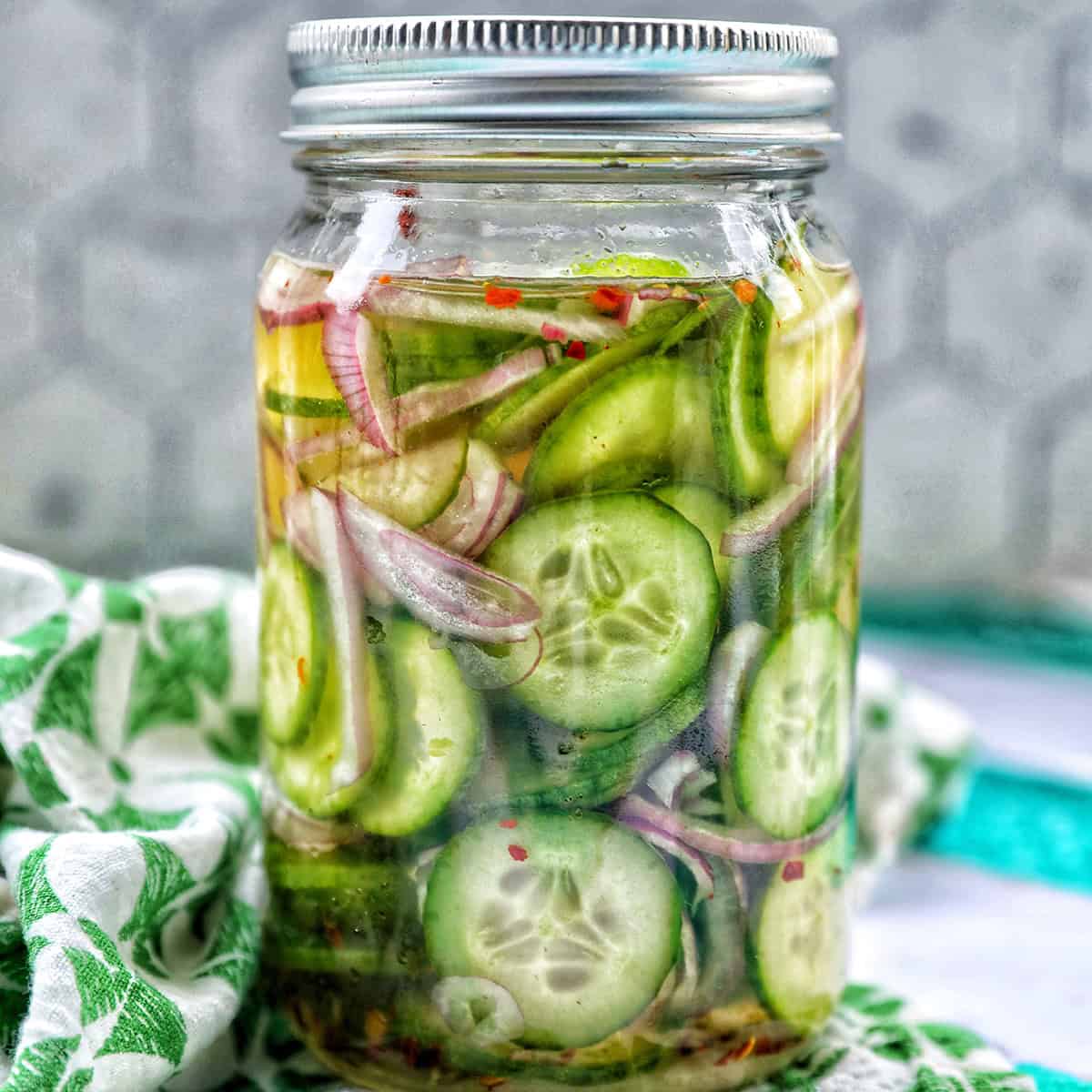 jar of Asian pickled cucumbers.