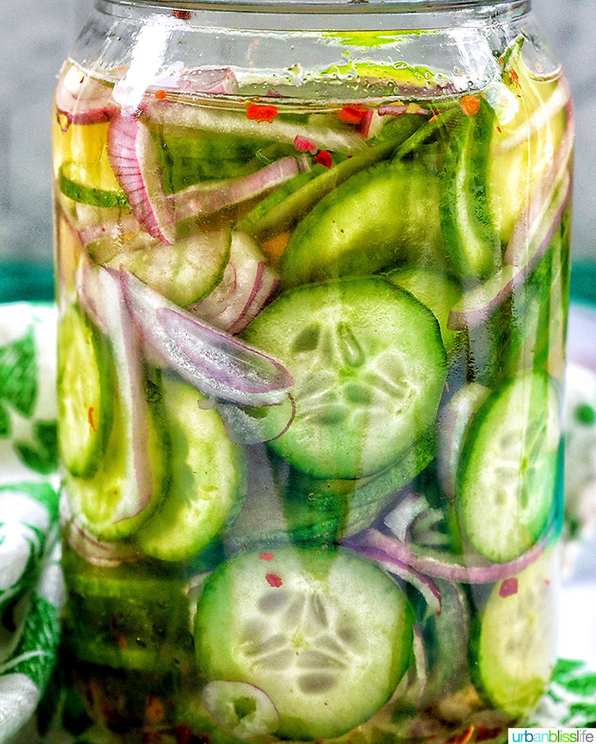 closeup of a jar of Asian pickled cucumbers.