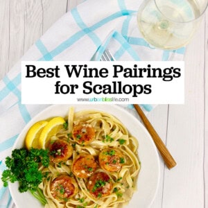 best wine pairings for scallops with text overlay and scallop pasta