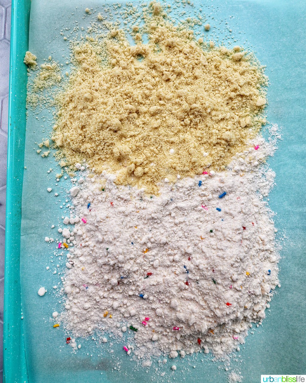 almond flour and funfetti cake mix on a baking sheet.
