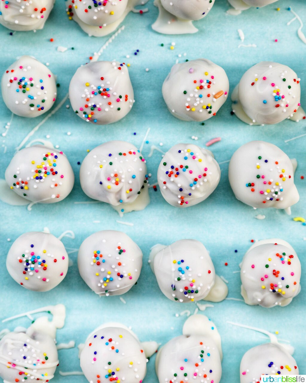 baking sheet of birthday cake truffles.