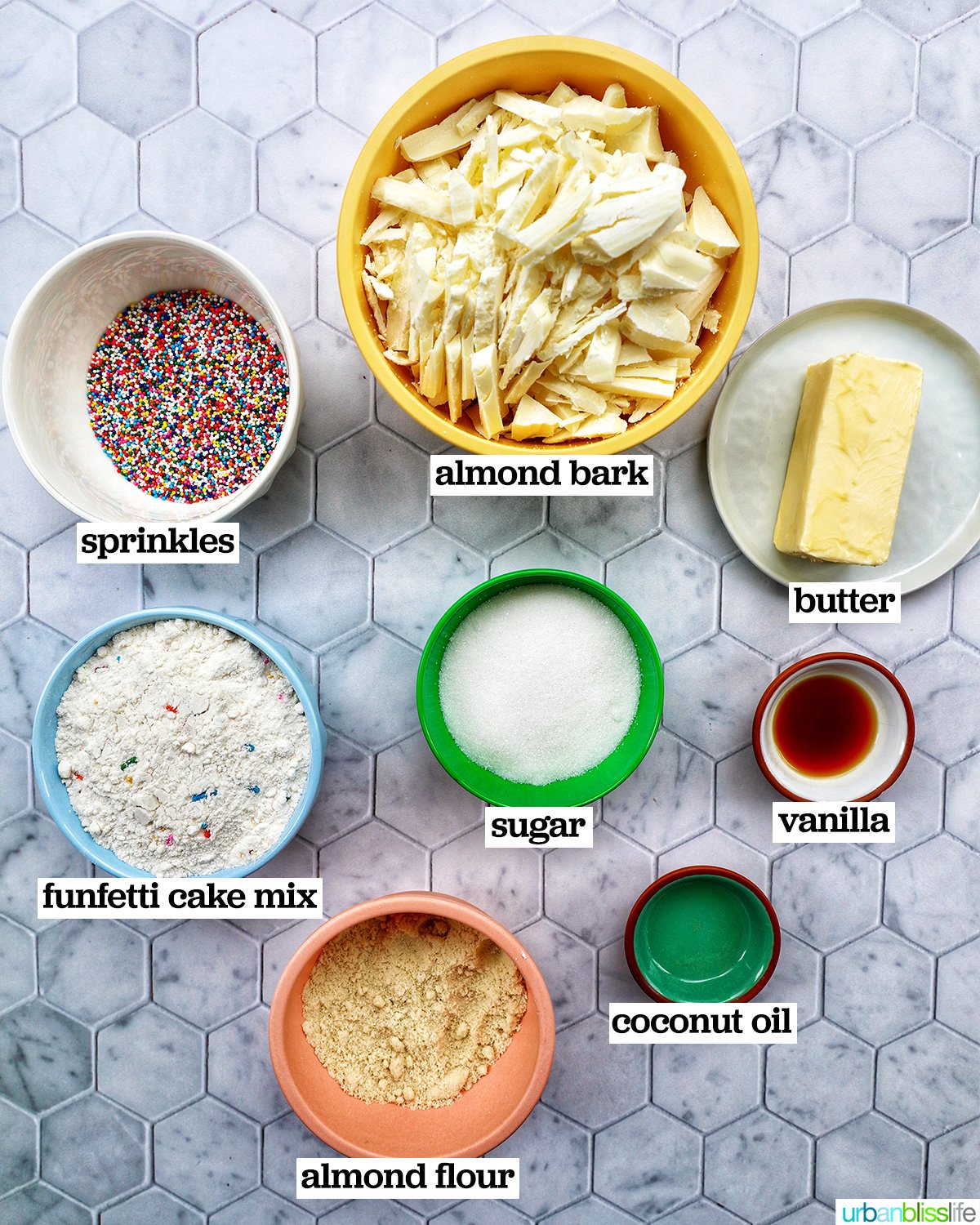 ingredients to make birthday cake truffles.