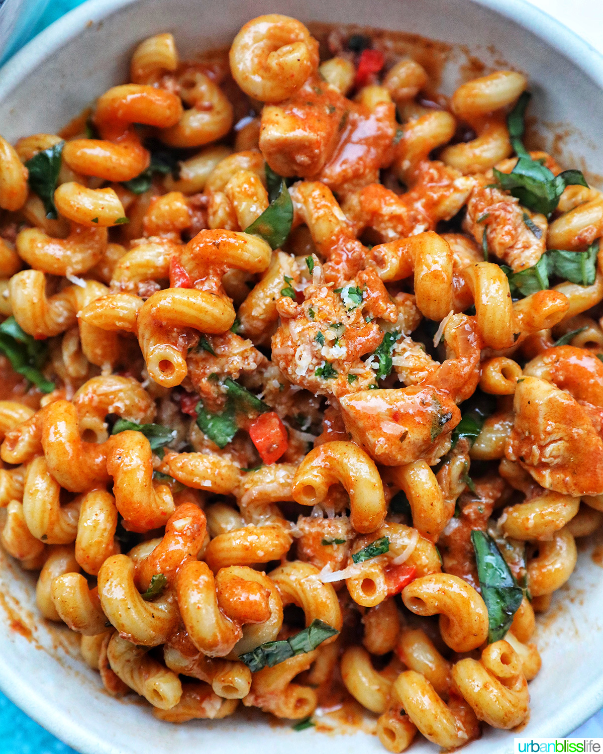 bowl of chorizo chicken pasta.