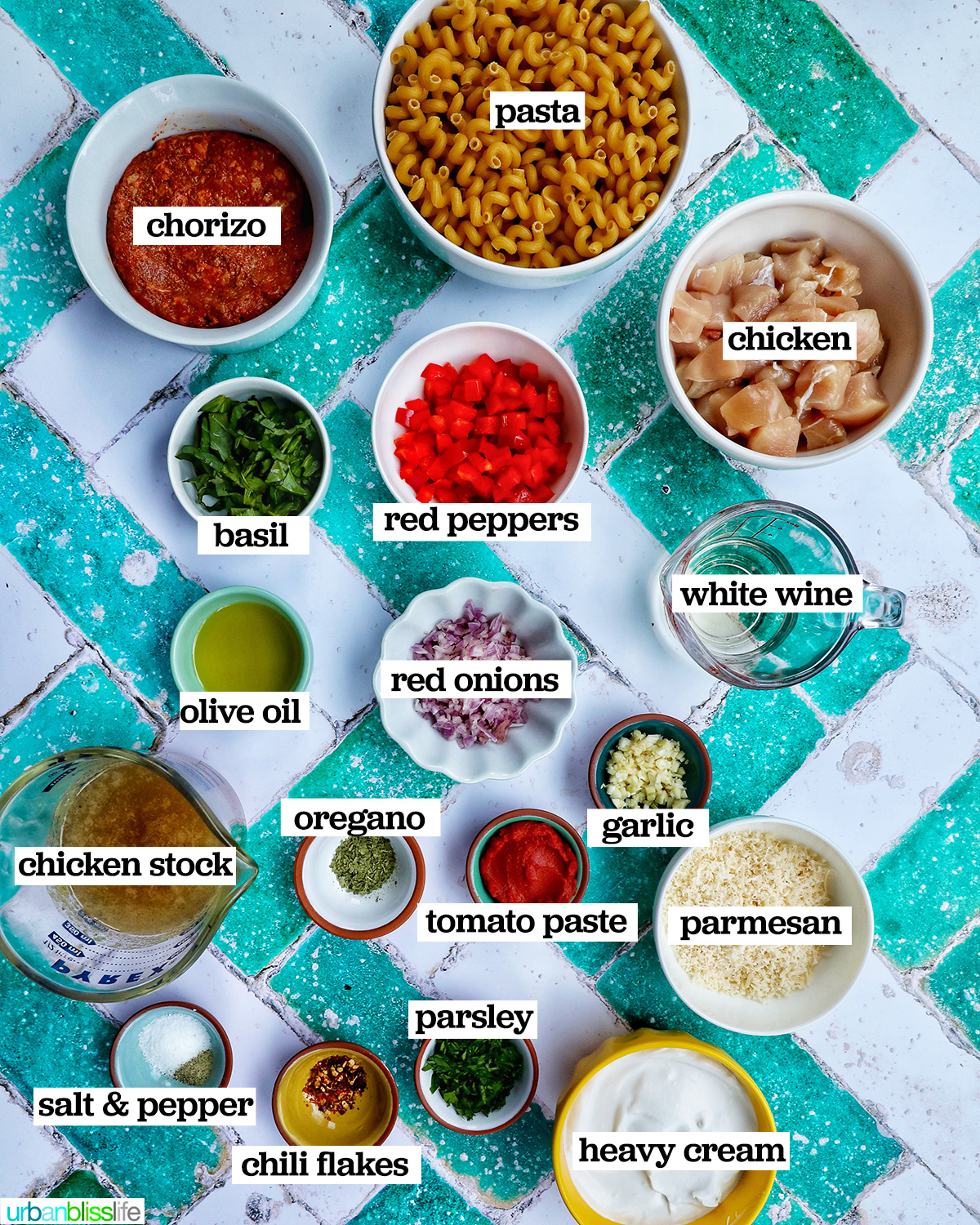 ingredients to make chorizo chicken pasta.