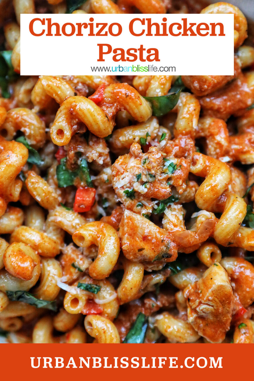 chorizo chicken pasta with title text overlay.