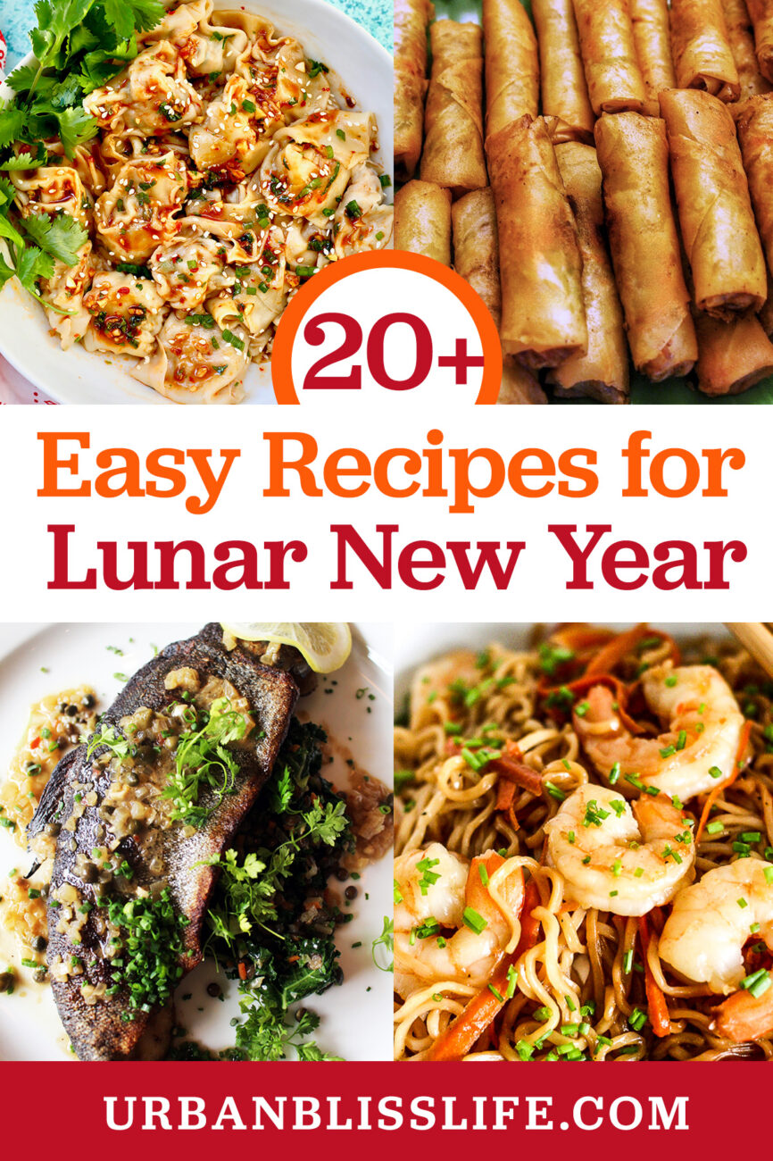 shrimp lo mein, lumpia spring rolls, trout meuniere, shrimp lo mein and title text overlay.