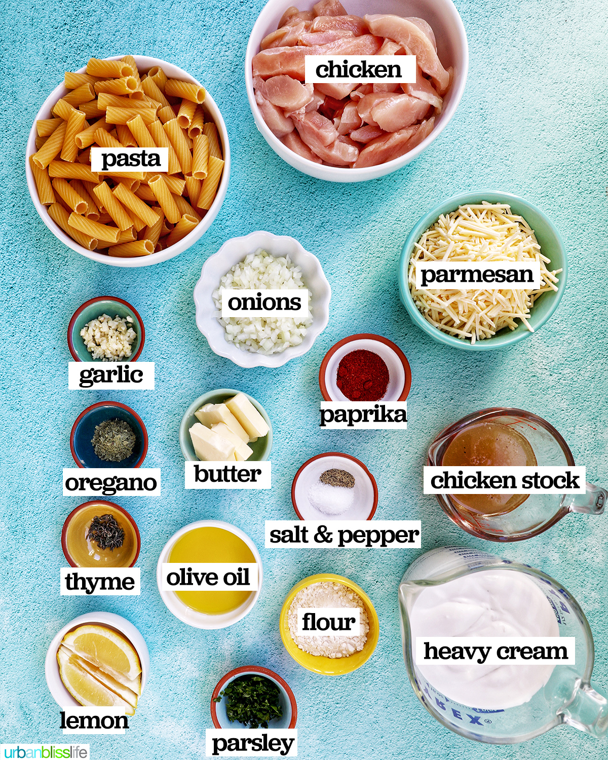 bowls of ingredients to make garlic chicken parmesan pasta.