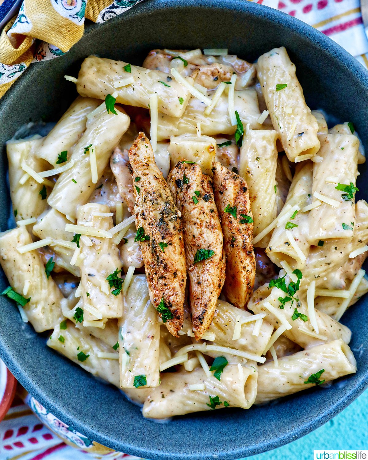 Bowl of garlic chicken parmesan pasta.