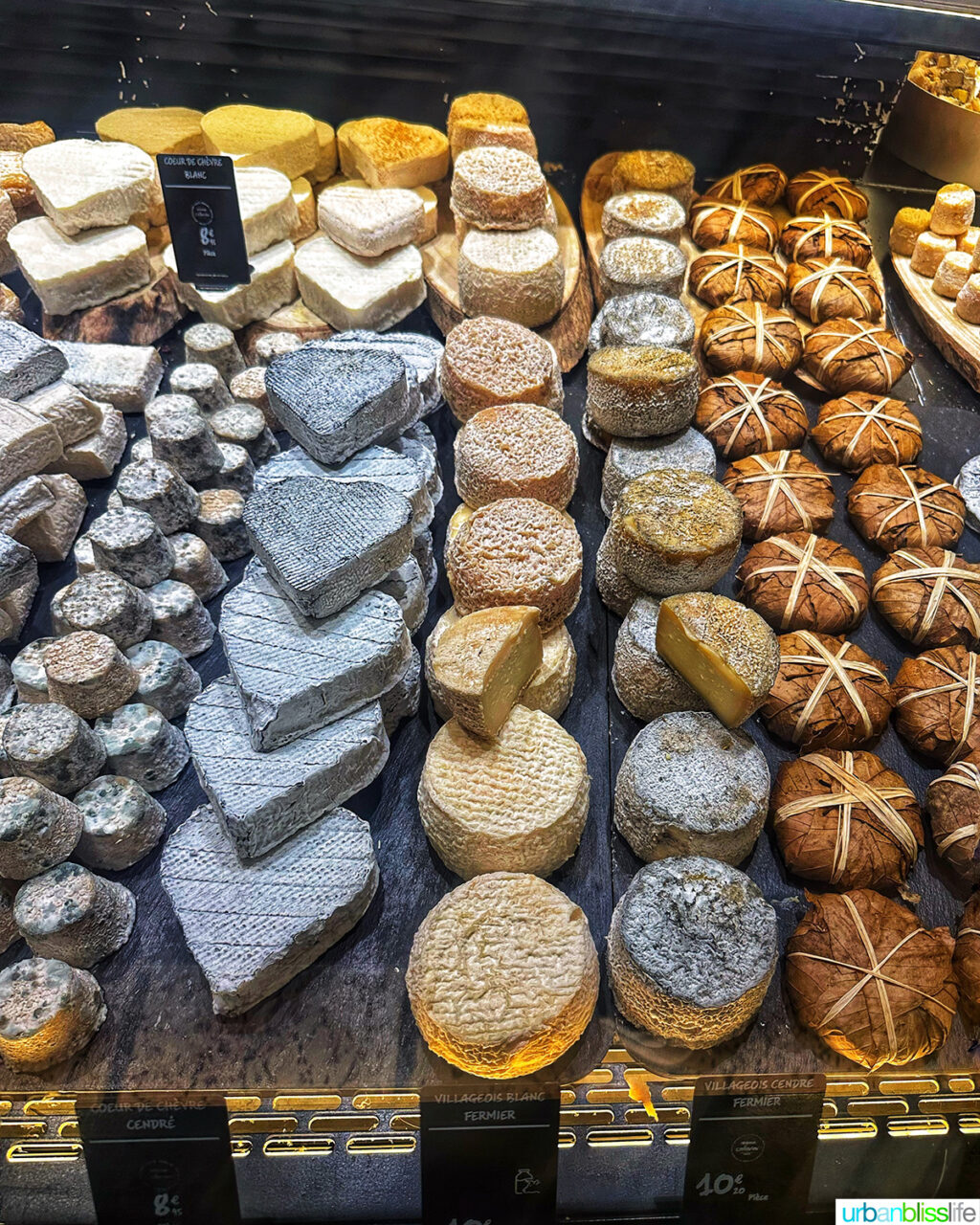 various cheeses at les halles food market in Lyon, France
