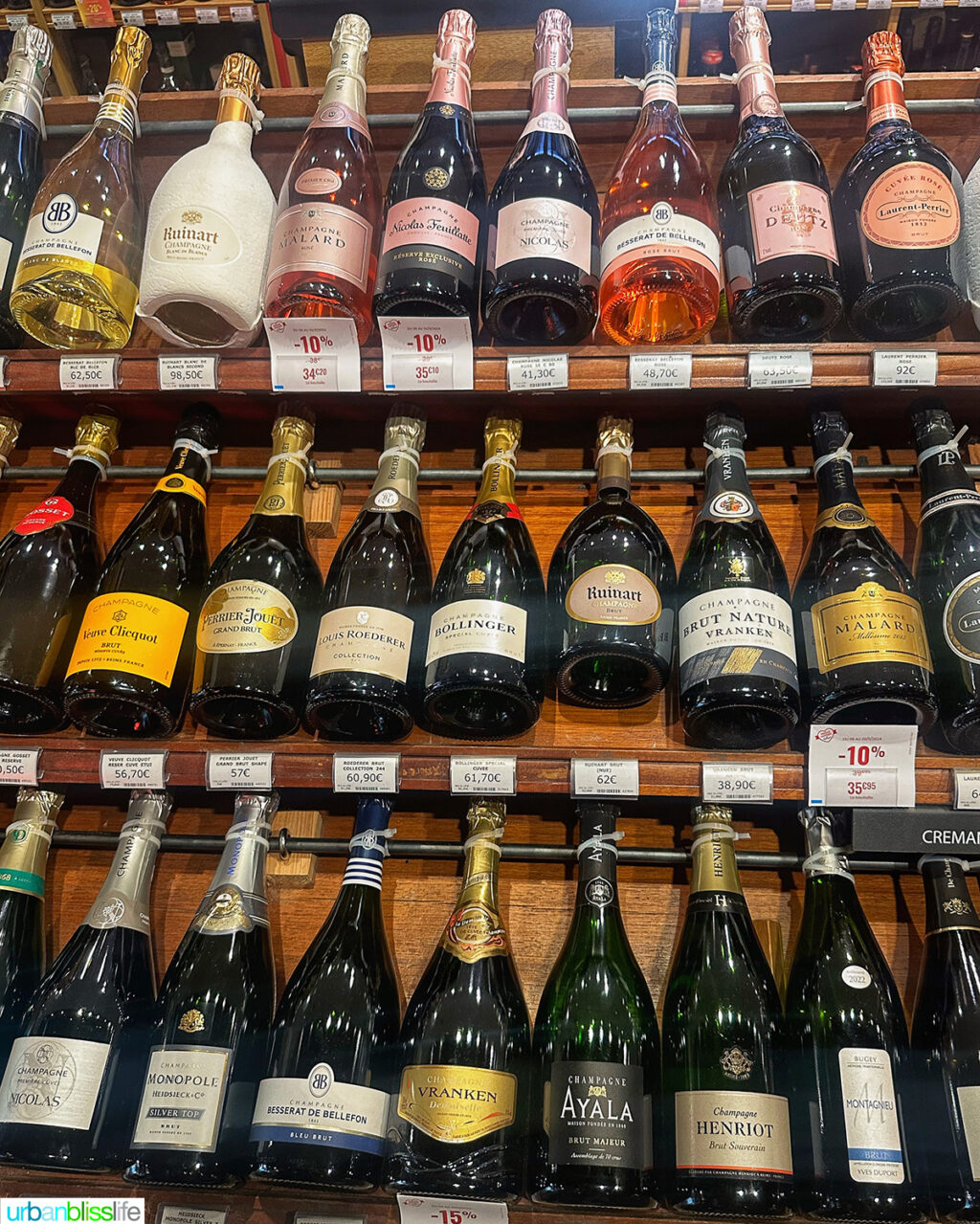 close up of wine bottles at les halles food market in Lyon, France
