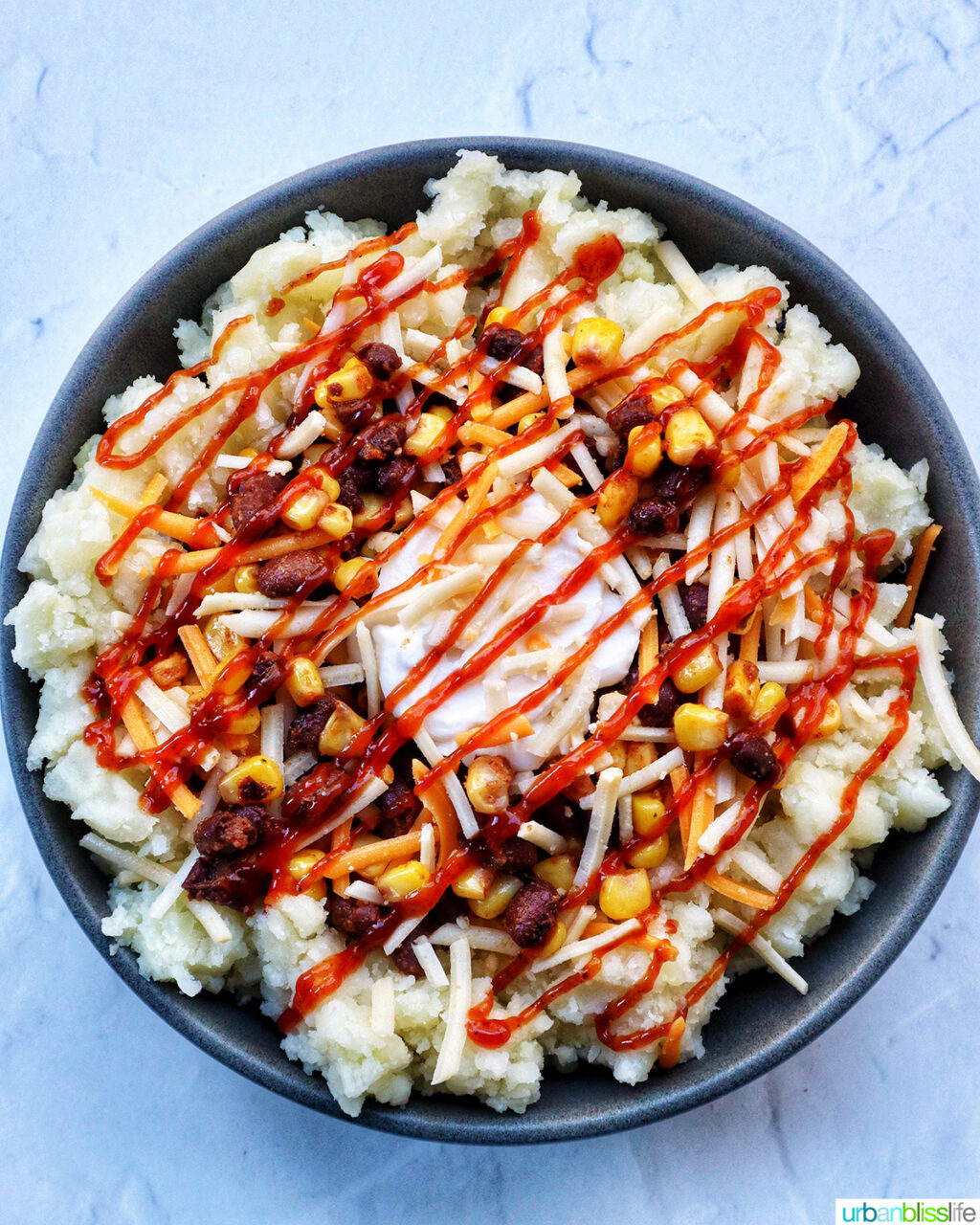 loaded potato bowl with mashed potatoes, beans, corn, cheese, and herbs.