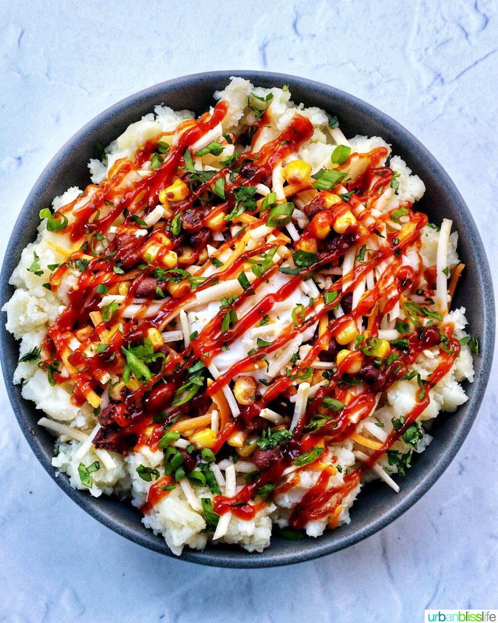 loaded potato bowl with mashed potatoes, beans, corn, cheese, and herbs.