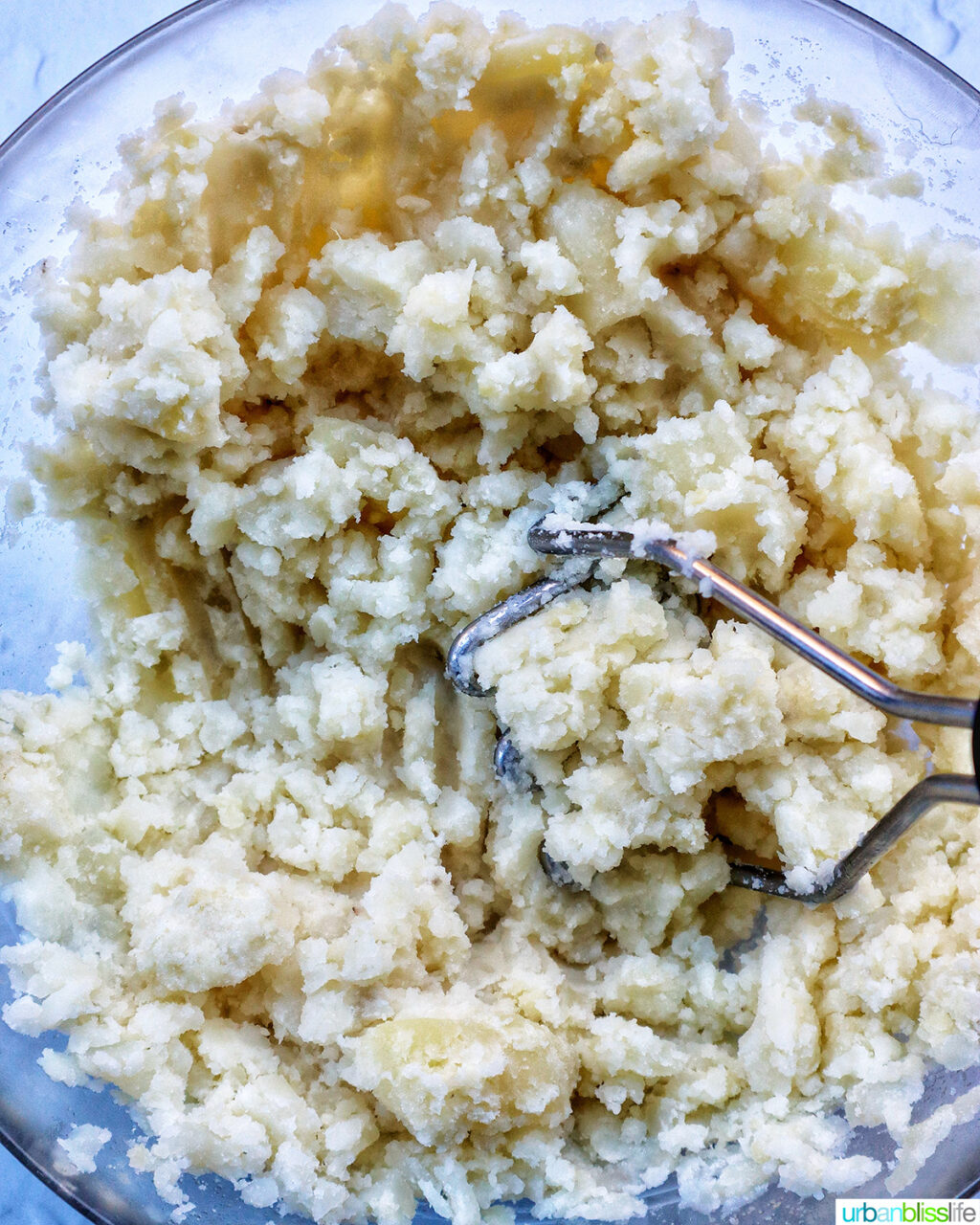 bowl of mashed potatoes with a fork.