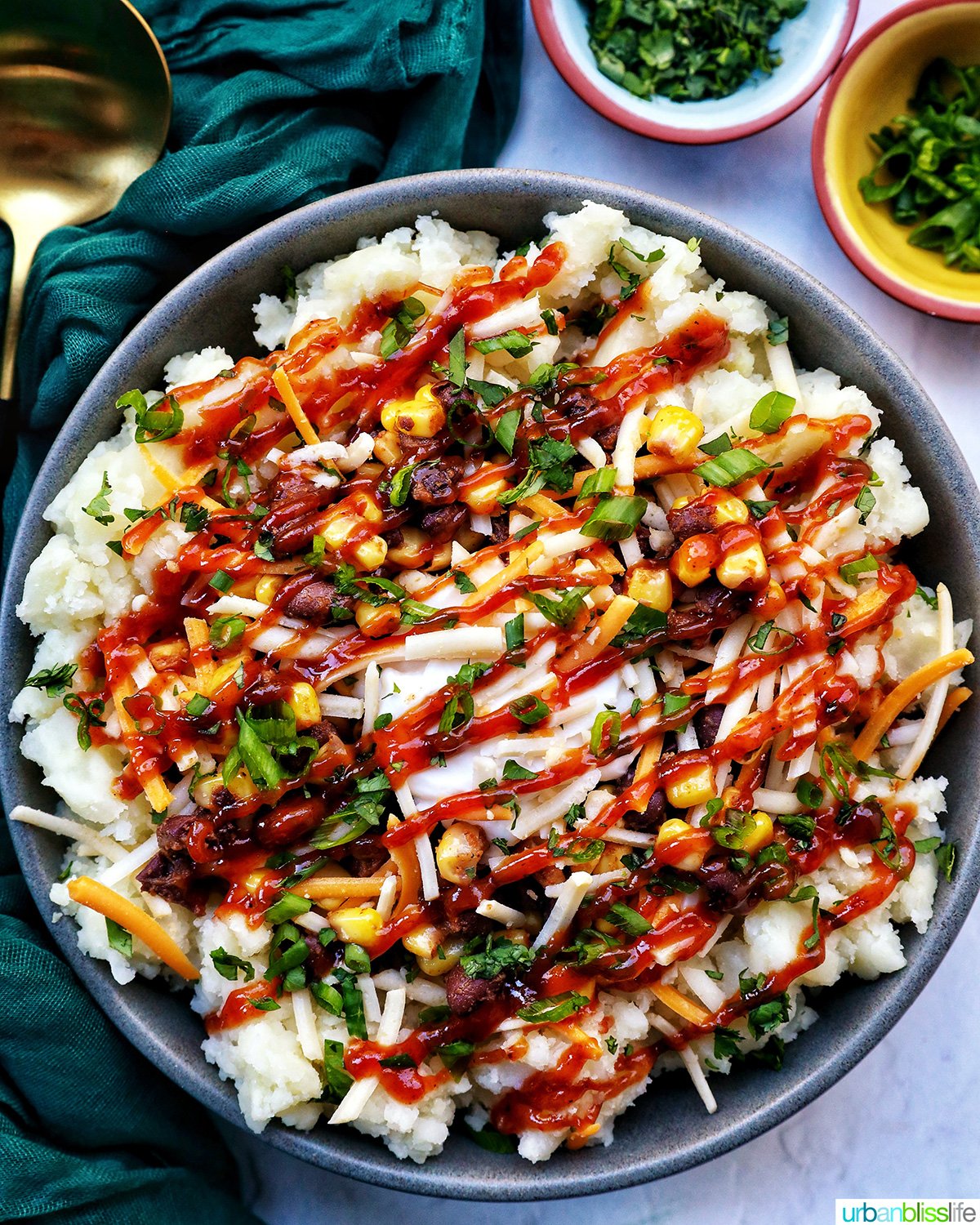 loaded potato bowl with mashed potatoes, beans, corn, cheese, and herbs with side of more chopped herbs and a spoon.