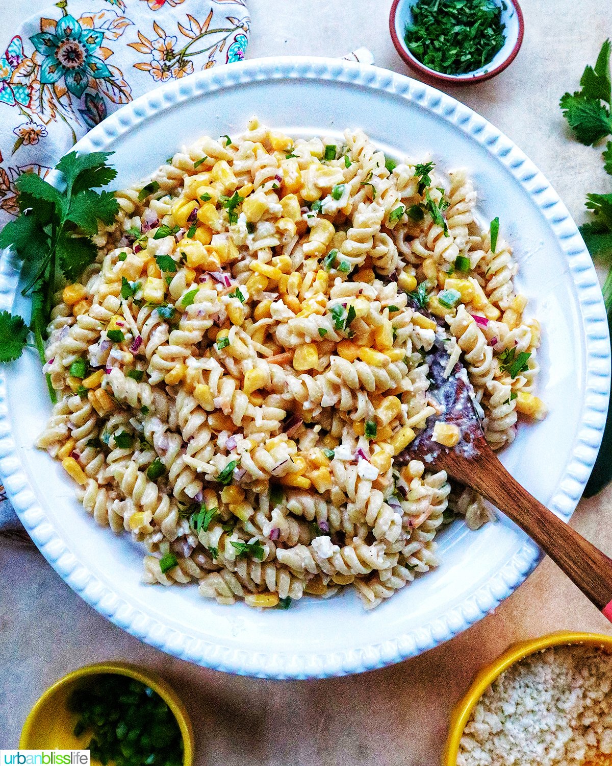 Mexican street corn pasta salad in a white bowl.