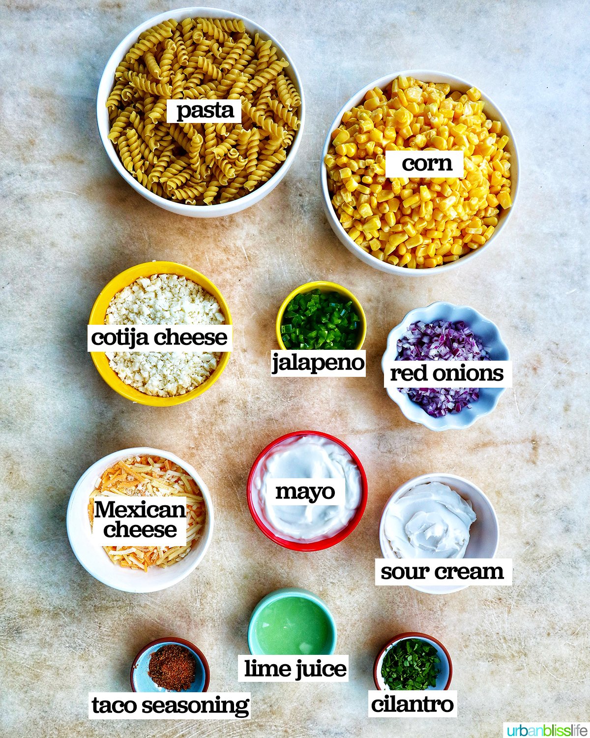 ingredients to make Mexican street corn pasta salad.