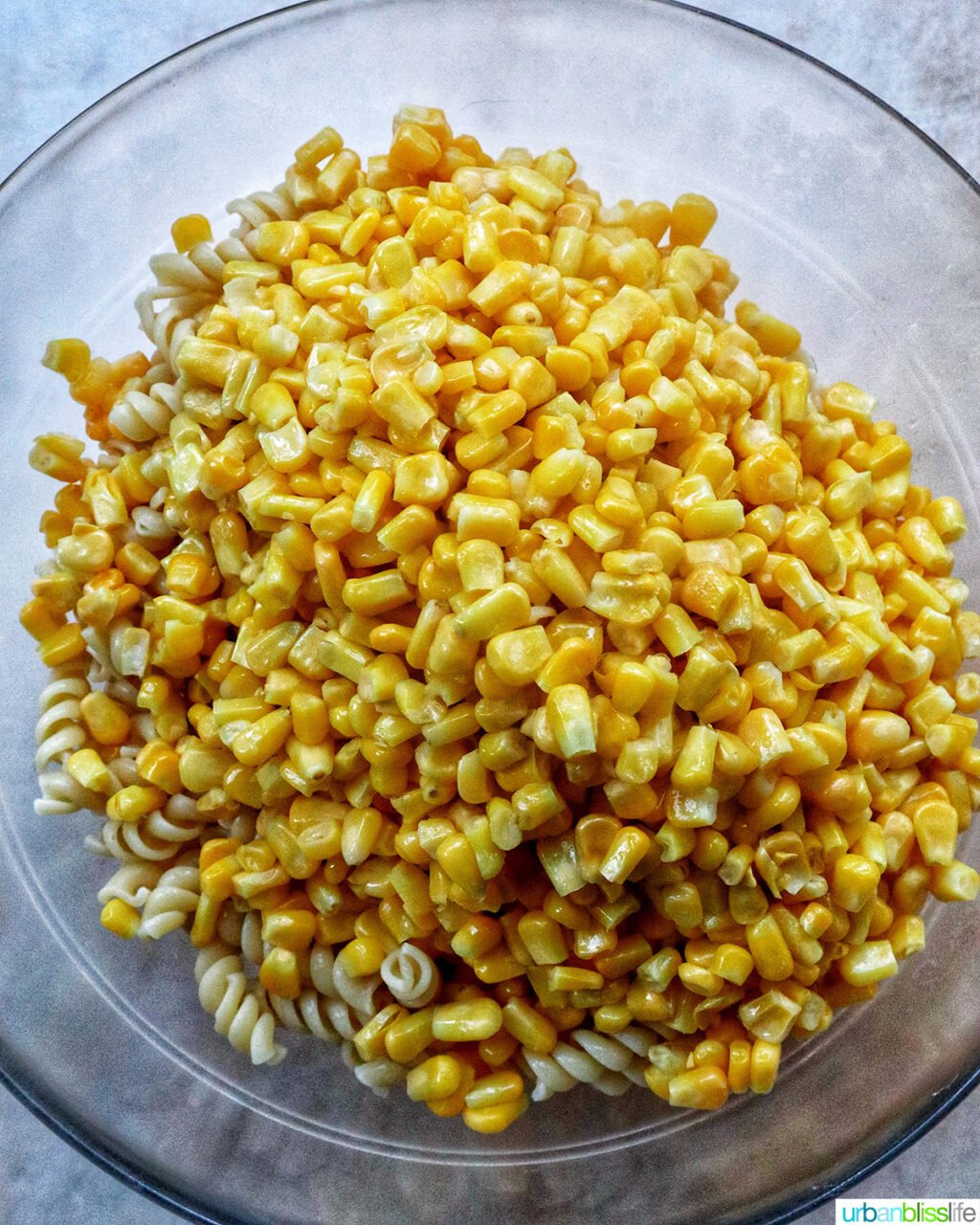 bowl of corn and pasta.
