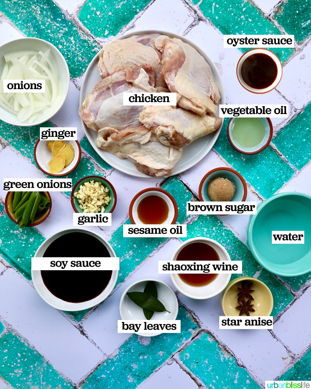 bowls of ingredients to make Chinese Braised Chicken.
