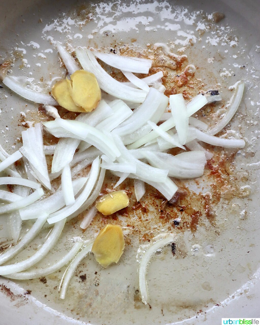 onions and ginger in a skillet.