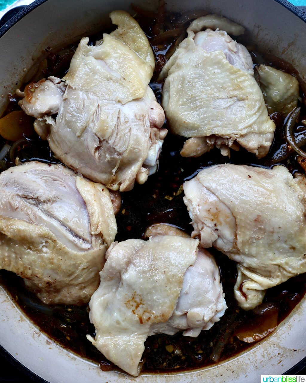 chicken thighs in a skillet.