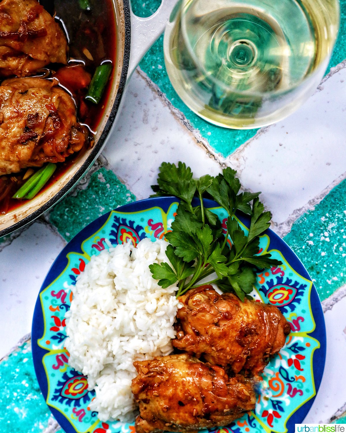 Chinese braised chicken with rice on a colorful plate with a glass of white wine.